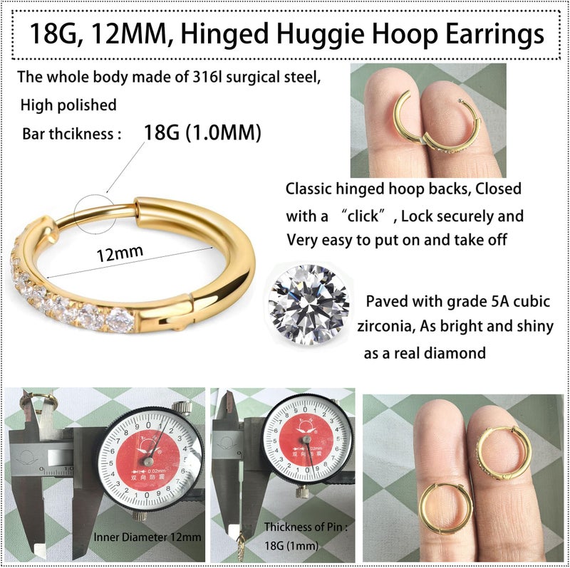 Showself Surgical Steel CZ Huggie Hoop Earrings Hypoallergenic, 18G Conch Piercing Jewelry, Small Gold Cubic Zirconia Earring, Hinged Endless Ear Hoops, Little Hug Hoop Earrings for Women Men (12mm) - Image 4